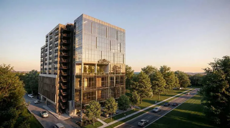 Space Nova freehold B1 industrial building render at 21 New Industrial Road — glass curtain wall tower at golden hour with landscaped street frontage