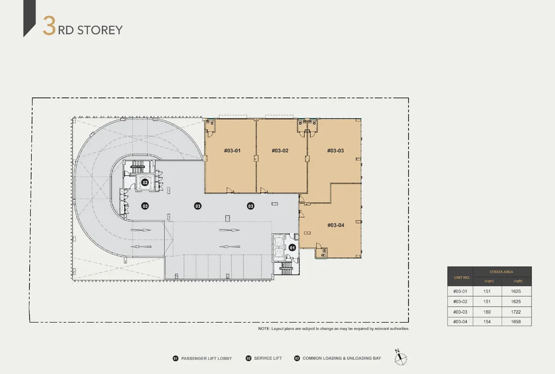 Space Nova 3rd storey floor plan — B1 clean industrial units #03-01 to #03-04 from 1,625 to 1,722 sqft, served by the ramp and common loading and unloading bay