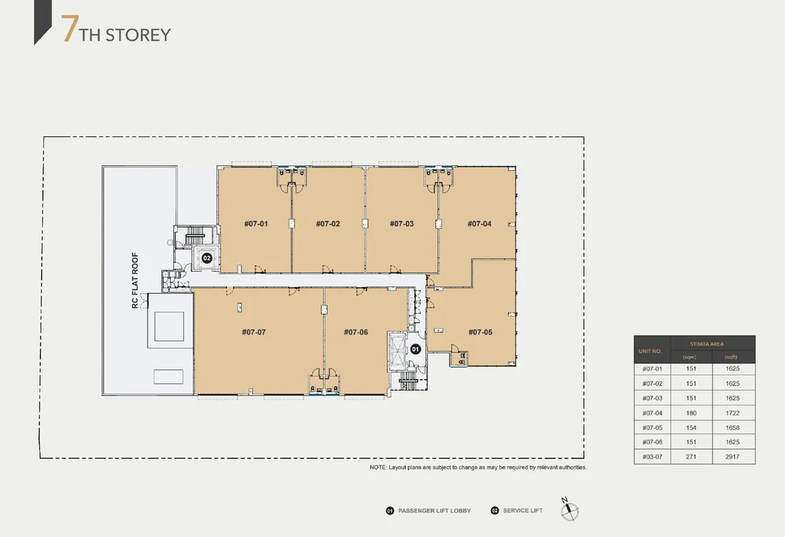 Space Nova 7th storey floor plan — B1 clean industrial units #07-01 to #07-07 from 1,625 sqft up to the 2,917 sqft #07-07, beneath the RC flat roof