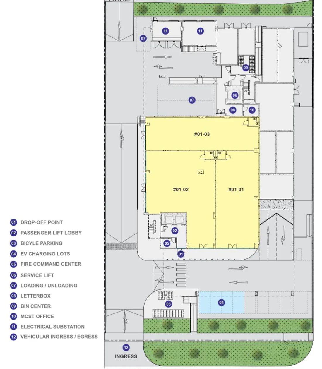 Space Nova Level 1 floor plan — ground-floor B1 industrial units #01-01, #01-02 and #01-03 with vehicular ingress/egress, loading bays and EV charging lots (preliminary draft)