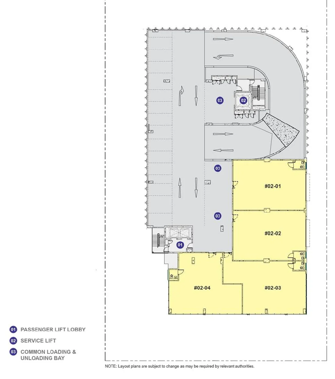 Space Nova Level 2 floor plan — second-storey B1 industrial units #02-01 to #02-04 with ramp access and common loading/unloading bay (preliminary draft)