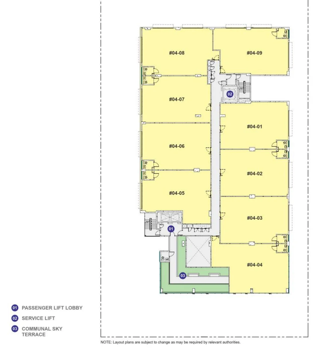 Space Nova Level 4 floor plan — fourth-storey B1 industrial units #04-01 to #04-09 with the communal sky terrace (preliminary draft)