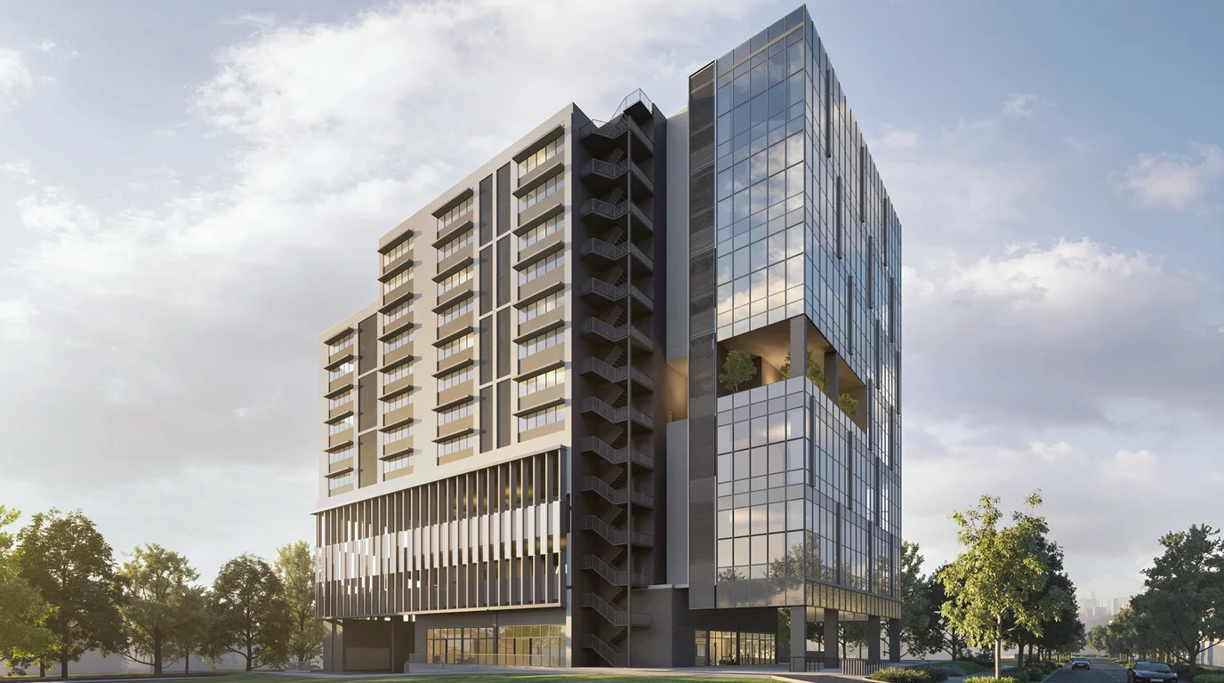 Space Nova freehold B1 industrial building at 21 New Industrial Road — full street-level view of the glass tower and external staircase