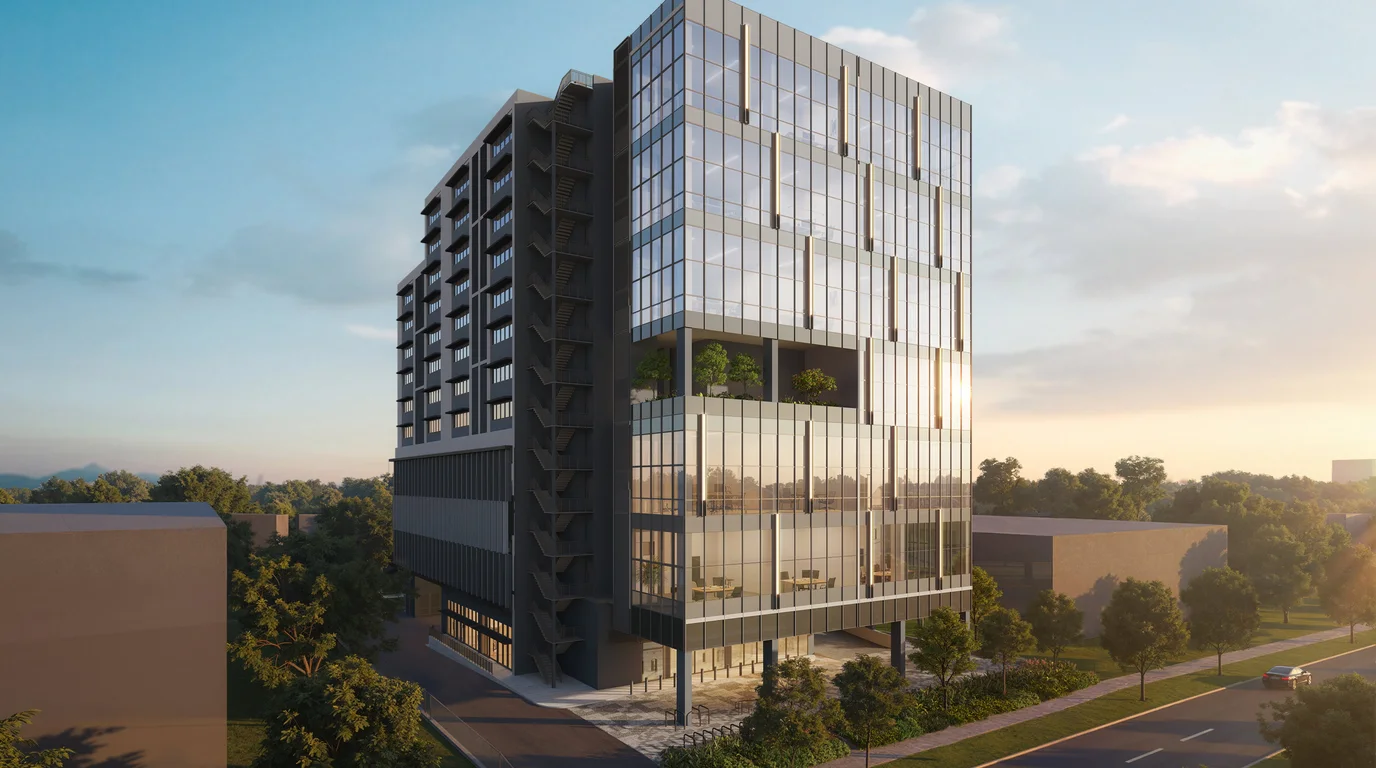Space Nova B1 clean industrial development at 21 New Industrial Road — sunset side view with landscaped frontage