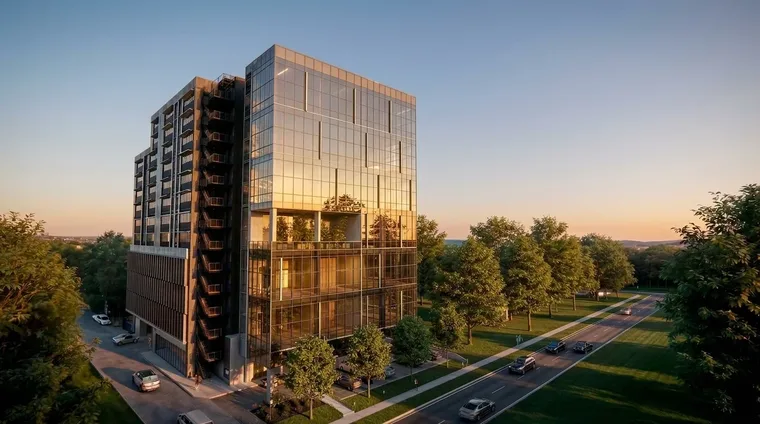 Space Nova freehold B1 industrial building at 21 New Industrial Road at golden hour — glass tower and external staircase